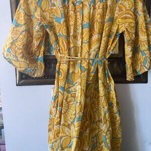 Bright mustard and yellow cotton top with blue embroidery